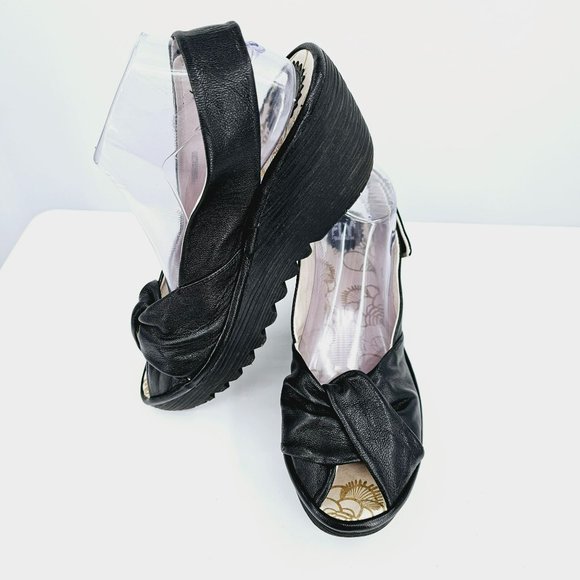 Fly London Yakin Ankle Strap Wedge Sandals 41 10 Black Leather Peep Toe Comfort - Picture 12 of 13